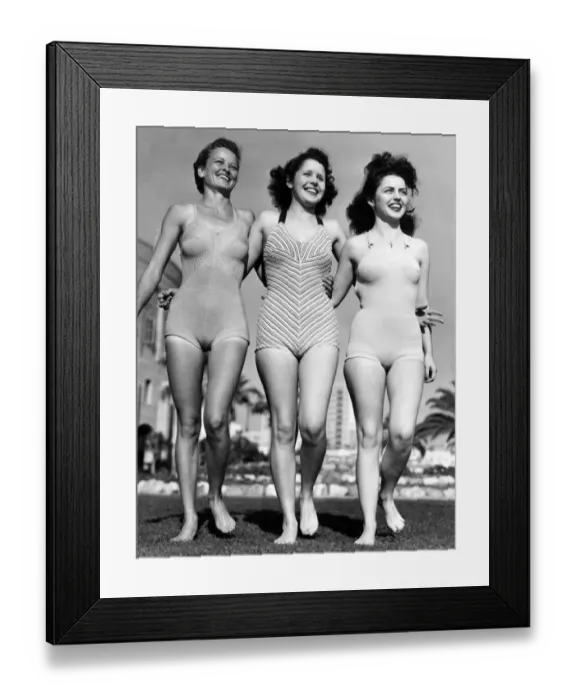 Framed Print : Three young women modelling swimsuits in 1942 Framed Print : Three young women modelling swimsuits in 1942