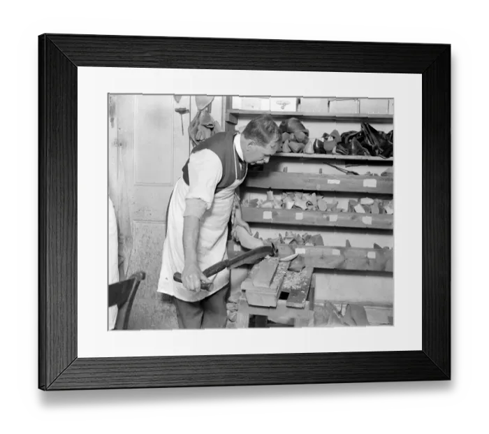 Framed Print : Making of wooden shoe lasts ( W. H. Smith, Sloane Street ). Knifing and shaping Framed Print : Making of wooden shoe lasts ( W. H. Smith, Sloane Street ). Knifing and shaping