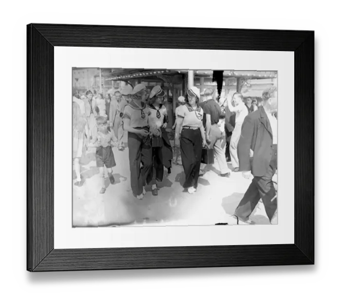 Framed Print : Nautical trio. Three girl holidaymakers who answered the call of the sea and wore