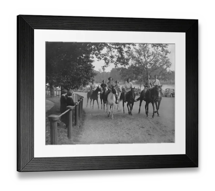 Framed Print : Cool costume in the Row. In corn silk shirts, riders in Rotten Row pass from