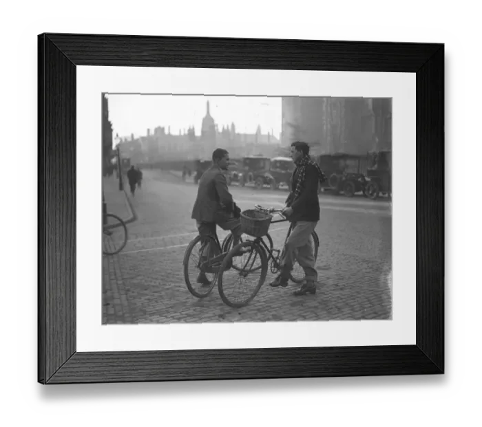 Framed Print : Cambridge Undergraduates chatting in the street with their bicycles. 1929 Framed Print : Cambridge Undergraduates chatting in the street with their bicycles. 1929