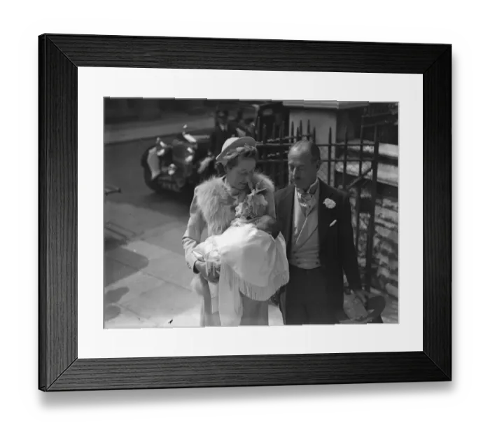Framed Print : Sir William and Lady Garthwaite and their baby after the christening at St James Framed Print : Sir William and Lady Garthwaite and their baby after the christening at St James