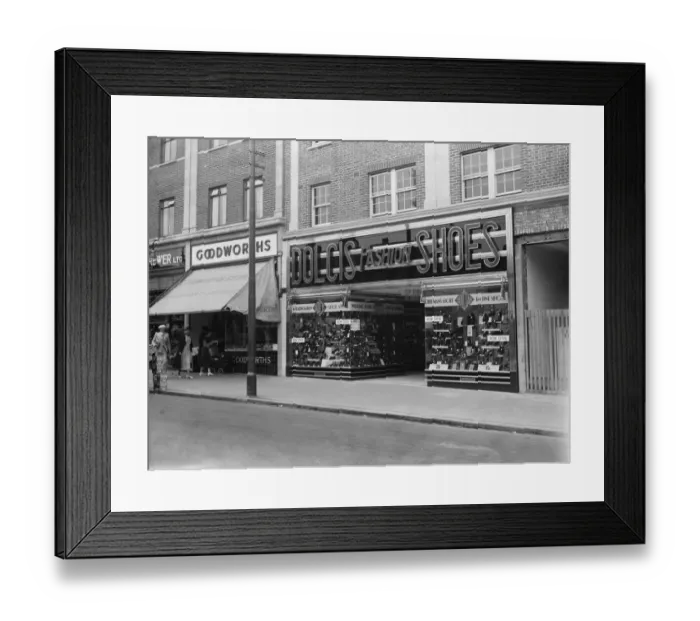 Framed Print : The shop window at Dolcis shoe shop in Bexleyheath. 1 September 1936 Framed Print : The shop window at Dolcis shoe shop in Bexleyheath. 1 September 1936