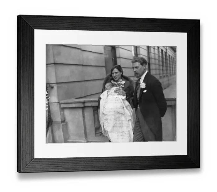Framed Print : Mr and Mrs Patrick Brunner and their infant daughter after the latters christening Framed Print : Mr and Mrs Patrick Brunner and their infant daughter after the latters christening