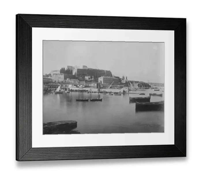Framed Print : British flag raised on Greek Island. A general view of the citadel and harbour of Corfu