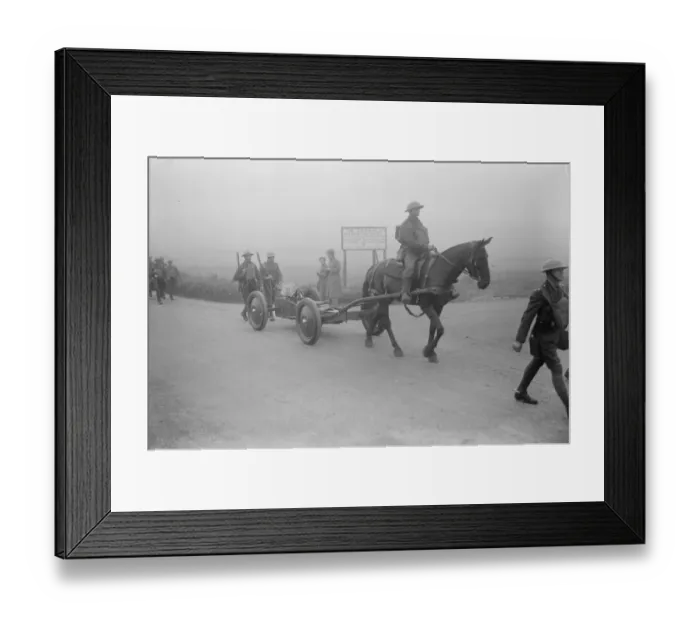 Framed Print : The latest novelty in the mimic war. A machine gun mounted on a trolley, driven Framed Print : The latest novelty in the mimic war. A machine gun mounted on a trolley, driven