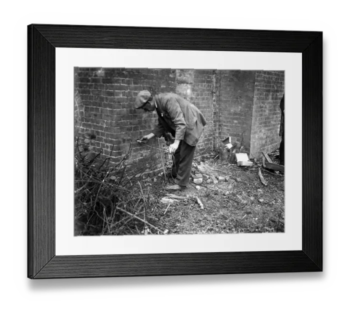 Framed Print : Chimney felling by gelignite at Bedfont Powder Mills, Hounslow. Putting in a gelignite