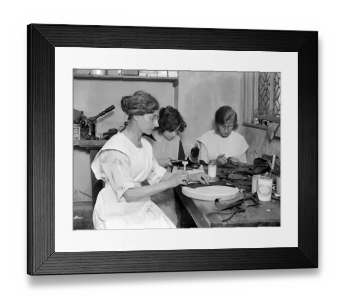 Framed Print : Making of wooden shoe lasts ( W. H. Smith, Sloane Street ). The uppers of shoes being closed Framed Print : Making of wooden shoe lasts ( W. H. Smith, Sloane Street ). The uppers of shoes being closed