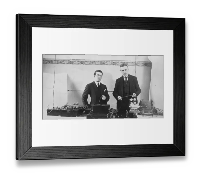 Framed Print : Mr Dullier ( left ) and wireless apparatus. September 1924 Framed Print : Mr Dullier ( left ) and wireless apparatus. September 1924