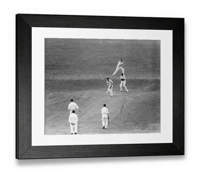 Framed Print : No need to widen the wicket. Hopwood ( Champion County ) has his middle stump sent flying Framed Print : No need to widen the wicket. Hopwood ( Champion County ) has his middle stump sent flying