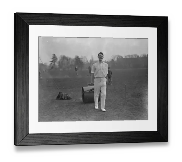 Framed Print : Oxford University Cricket Club Practice P C Kingsley, the team Captain pulls the roller Framed Print : Oxford University Cricket Club Practice P C Kingsley, the team Captain pulls the roller
