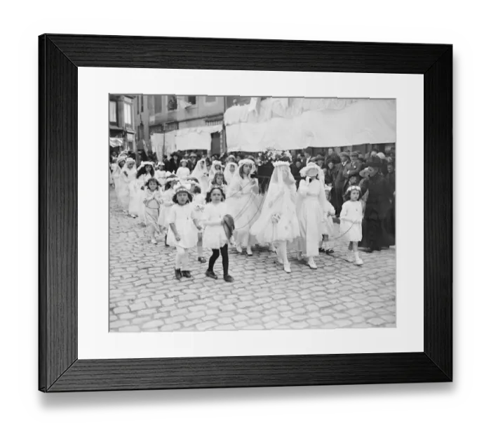 Framed Print : Boulogne France, Procession of our lady of Bologne Children of Mary carrying a Framed Print : Boulogne France, Procession of our lady of Bologne Children of Mary carrying a