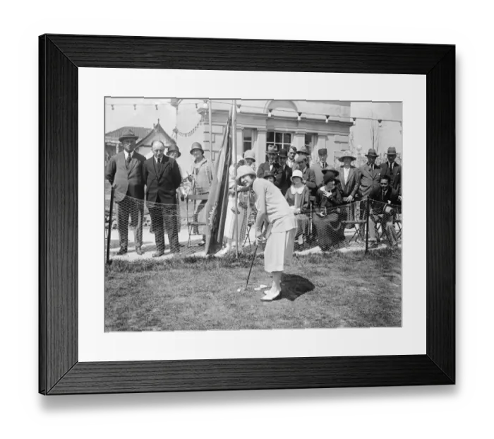 Framed Print : Mlle Lenglen visits Wembley Mlle Lenglen in the putting competition 11 July 1925 Framed Print : Mlle Lenglen visits Wembley Mlle Lenglen in the putting competition 11 July 1925