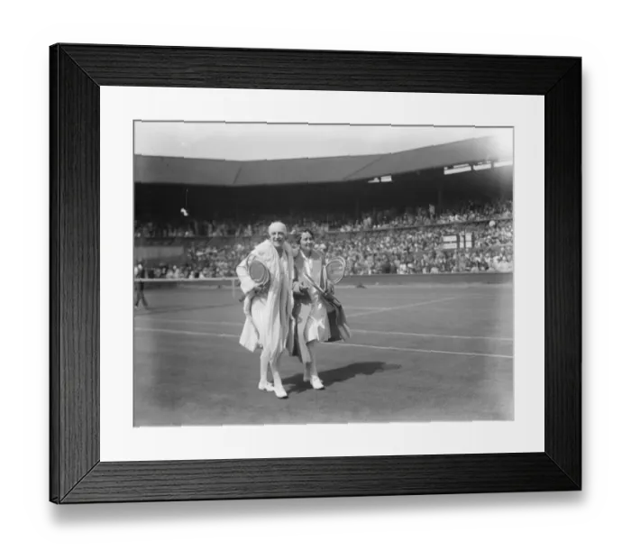 Framed Print : Mlle Lenglen versus Miss Browne at Wimbeldon. Mlle Lenglen and Miss Browne after their game Framed Print : Mlle Lenglen versus Miss Browne at Wimbeldon. Mlle Lenglen and Miss Browne after their game