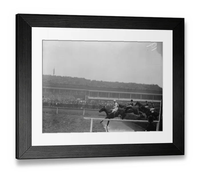 Framed Print : Sensational Grand National. Four of the field taking the water jump in front of the Grand Stand