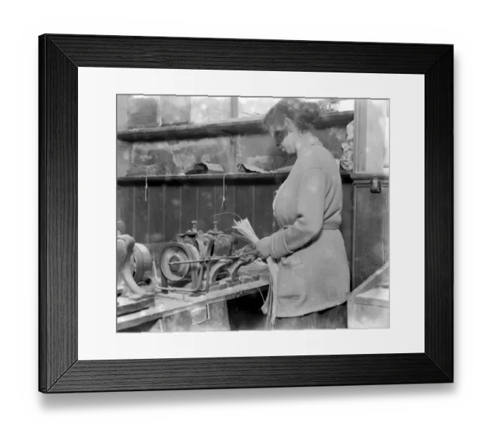 Framed Print : Whalebone cutting - A Leyton industry. Stripping by means of jigging machine. 1923 Framed Print : Whalebone cutting - A Leyton industry. Stripping by means of jigging machine. 1923