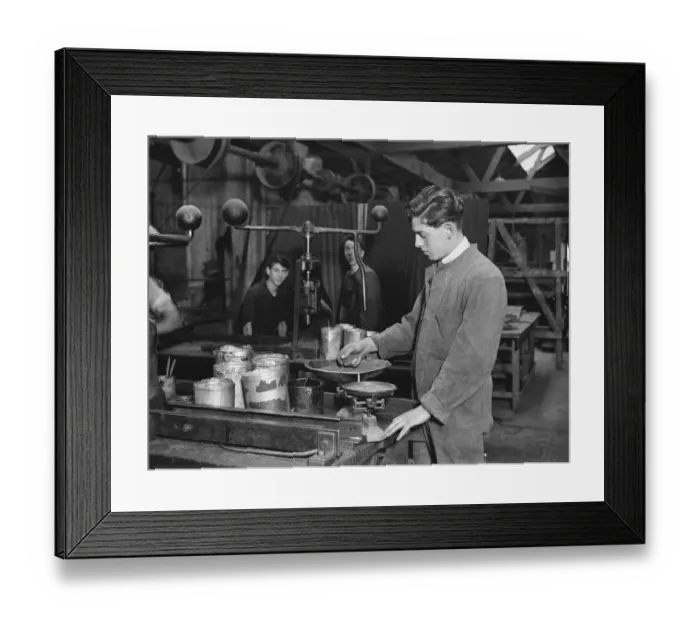 Framed Print : Manufacture of cork balls at Chingford Weighing the compound before moulding 28 Framed Print : Manufacture of cork balls at Chingford Weighing the compound before moulding 28