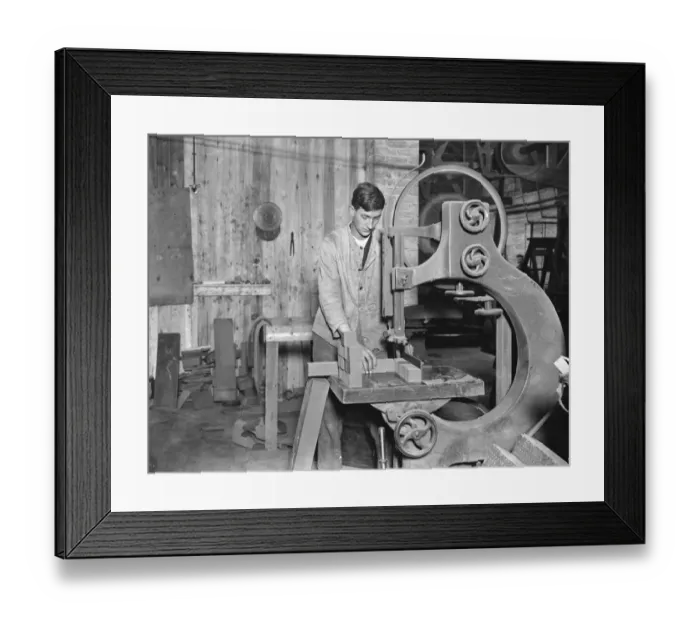 Framed Print : Manufacture of cork balls at Chingford Sawing cork blocks 28 November 1922 Framed Print : Manufacture of cork balls at Chingford Sawing cork blocks 28 November 1922