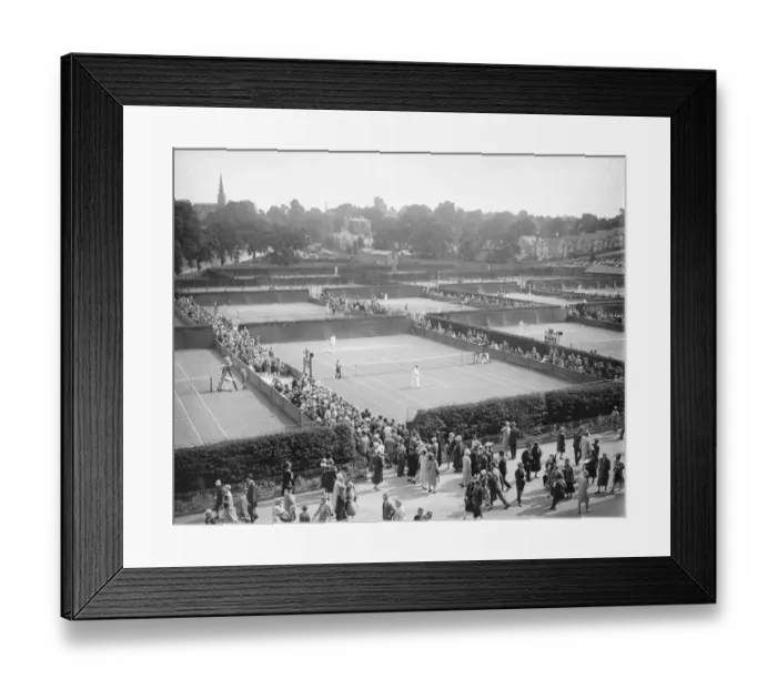 Framed Print : Lawn tennis at Wimbledon. A panoramic view showing play in progress on the courts Framed Print : Lawn tennis at Wimbledon. A panoramic view showing play in progress on the courts