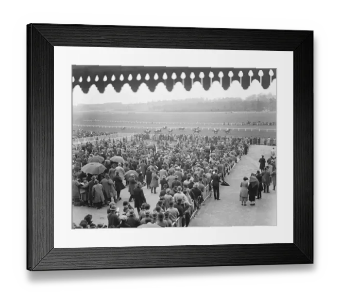 Framed Print : At the Newbury Races. A view showing the crowd and the finish of the first race Framed Print : At the Newbury Races. A view showing the crowd and the finish of the first race