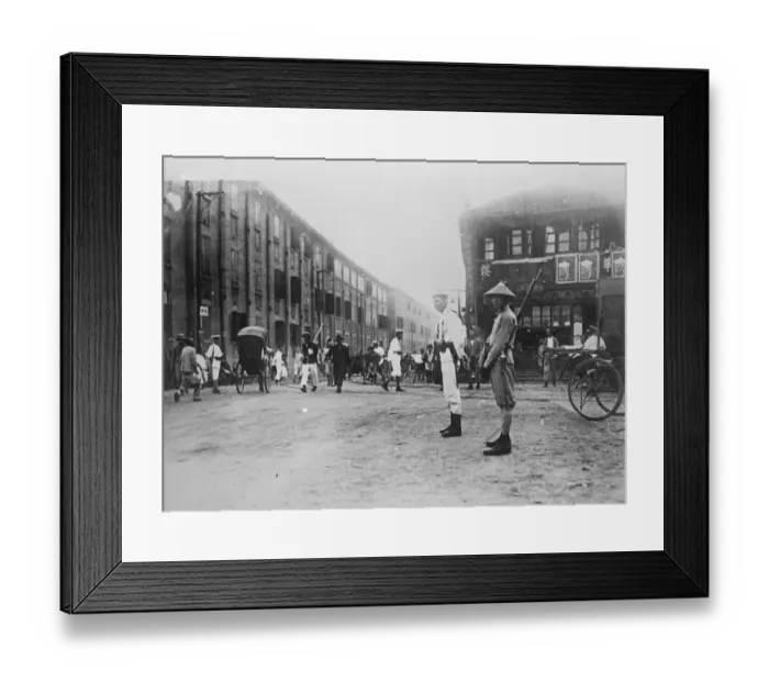 Framed Print : Plenty police in Shanghai. This typical scene in Shanghai shows the boundary between Framed Print : Plenty police in Shanghai. This typical scene in Shanghai shows the boundary between