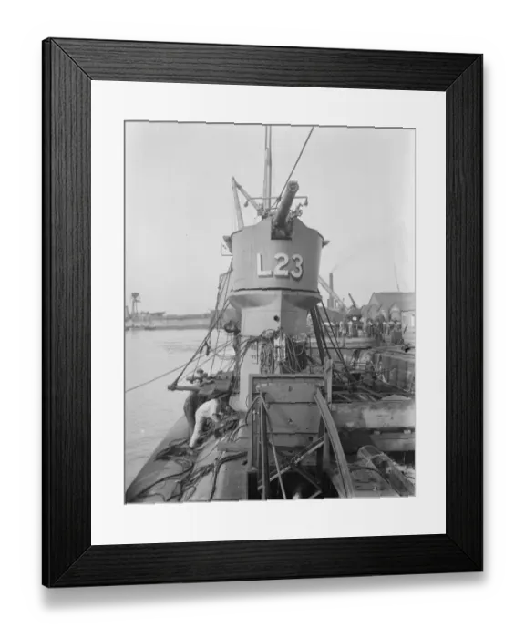 Framed Print : Four inch gun on conning tower of new British submarine The four inch gun on