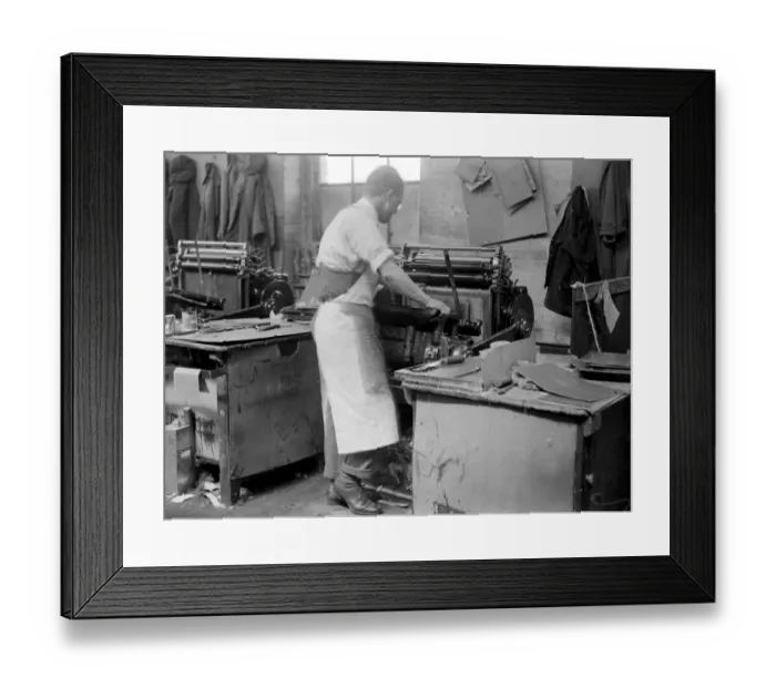 Framed Print : At Messrs James Burns Book Binding works at Esher. Gold or ink blocking. 15 May 1923 Framed Print : At Messrs James Burns Book Binding works at Esher. Gold or ink blocking. 15 May 1923