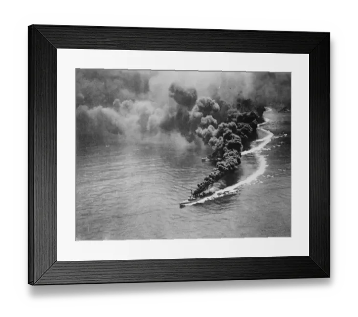 Framed Print : New smoke screen. US battleship off San Pedro steam away from the coast Framed Print : New smoke screen. US battleship off San Pedro steam away from the coast