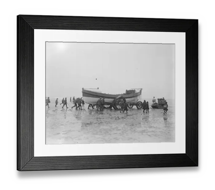 Framed Print : Lifeboat launched by Motor Tractor. Horses replaced by water tight machinery An