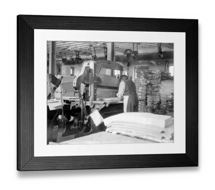Framed Print : At Messrs James Burns Book Binding works at Esher. Quire cutting for folding by hand Framed Print : At Messrs James Burns Book Binding works at Esher. Quire cutting for folding by hand