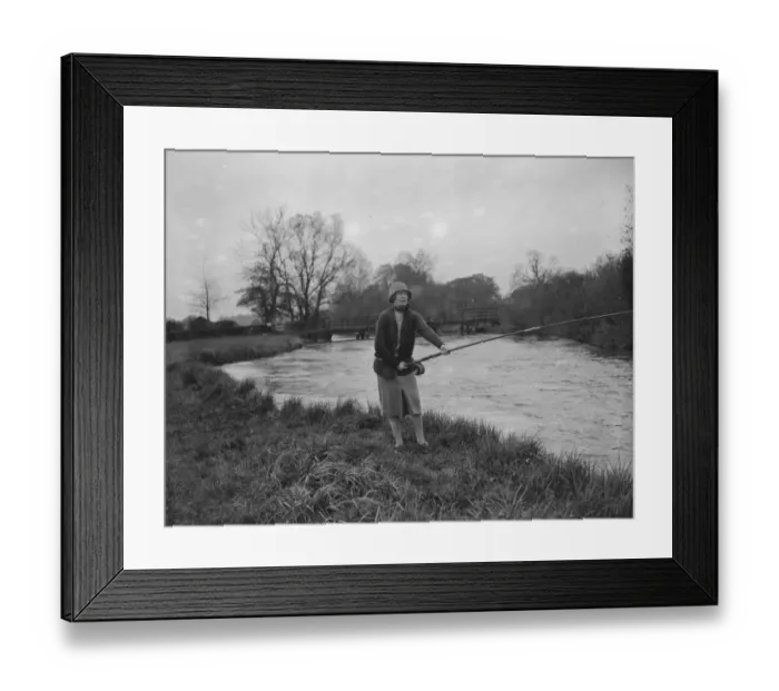 Framed Print : Miss Ashley Salmon Fishing on the Test at Broadlands. 30 September 1922