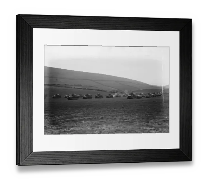 Framed Print : King Amanullah watches mimic tank battle at Lulworth Dorset. Tanks shelling