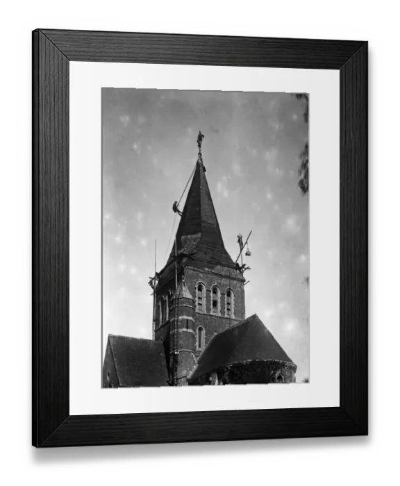 Framed Print : Steeplejacks attacked on the spire of Shackleford Church, near Aldershot, by red ants