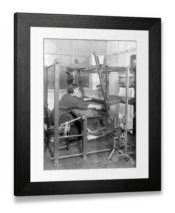 Framed Print : The fraternity weavers at South Holmwood. Weaving on the hand loom. 11 November 1919 Framed Print : The fraternity weavers at South Holmwood. Weaving on the hand loom. 11 November 1919