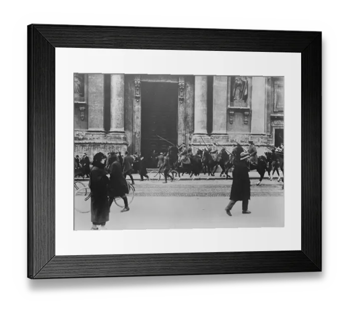 Framed Print : Keeping order in Munich : crowds dispersed by cavalry. The German Imperial Defence Corp Framed Print : Keeping order in Munich : crowds dispersed by cavalry. The German Imperial Defence Corp
