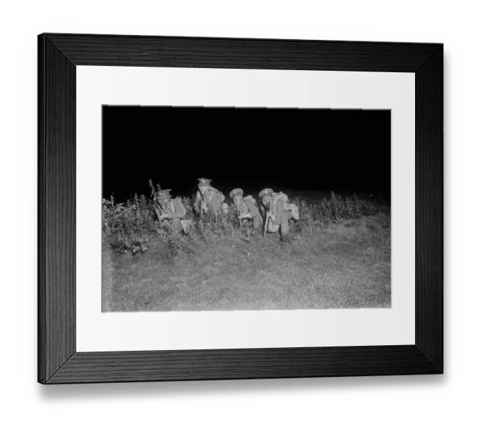 Framed Print : The night advance. Scenes somewhere in Wilts. Infantry wearing gas masks in