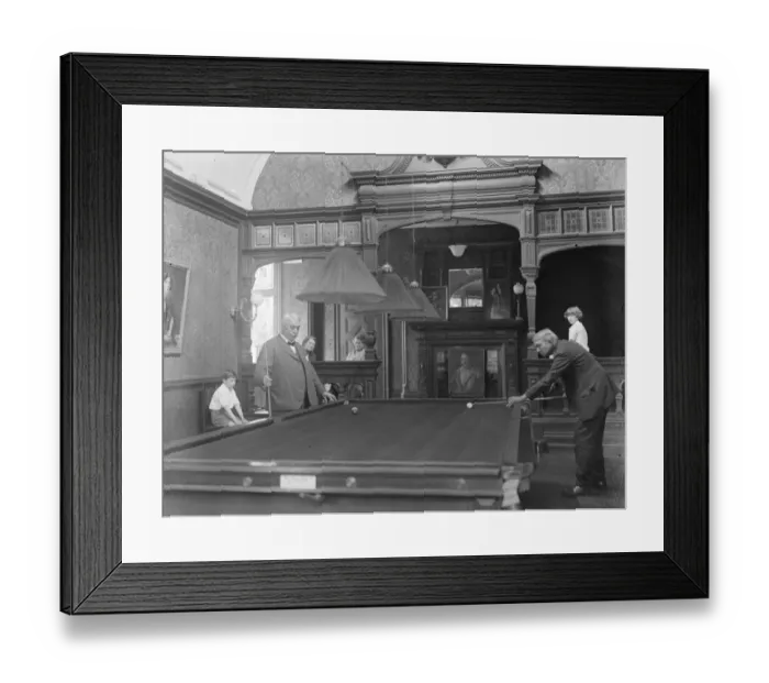 Framed Print : Men playing billiards at Oakhill. 1928