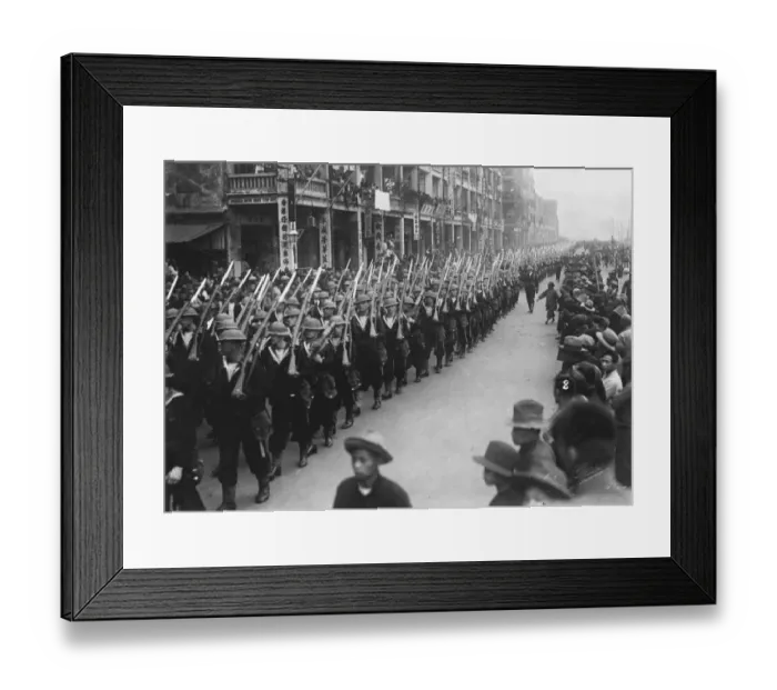 Framed Print : British Naval demonstration in Hong Kong. Bluejackets marching in full kit. 29