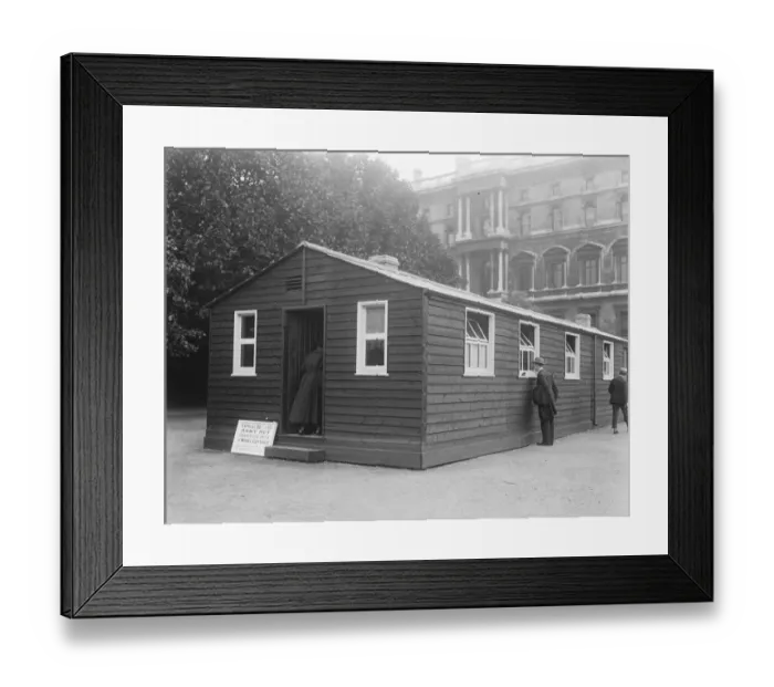 Framed Print : Army huts as new homes An army hut on the Horse Guards Parade converted into a Framed Print : Army huts as new homes An army hut on the Horse Guards Parade converted into a