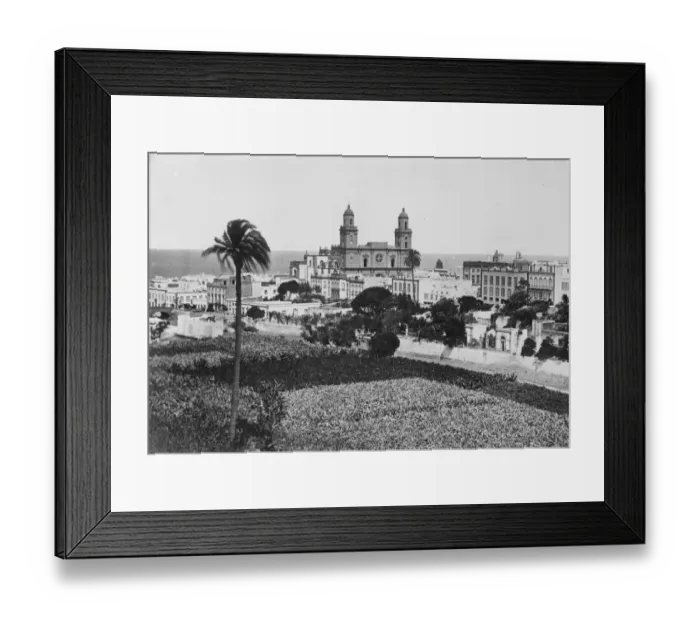 Framed Print : Las Palmas, a general view, showing the cathedral, with banana fields in the foreground Framed Print : Las Palmas, a general view, showing the cathedral, with banana fields in the foreground