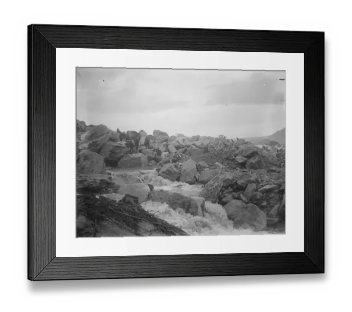 Framed Print : The Welsh disaster. Great boulders which hurled down the hillside by the flowing