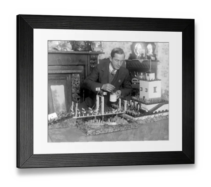 Framed Print : Mr R. J. Baker, a disabled soldier who makes models from odds and ends usually thrown away Framed Print : Mr R. J. Baker, a disabled soldier who makes models from odds and ends usually thrown away