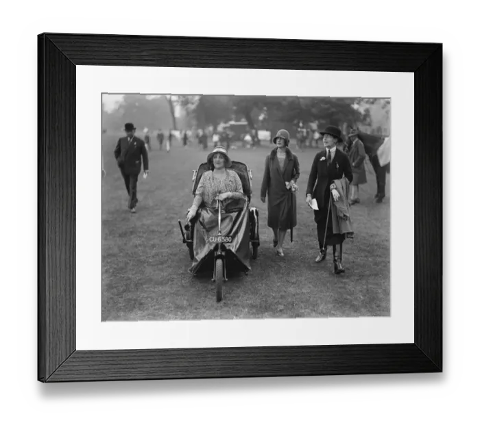 Framed Print : Ranelagh horse show. Lady Weigall in an electric bath chair. 12 June 1929 Framed Print : Ranelagh horse show. Lady Weigall in an electric bath chair. 12 June 1929