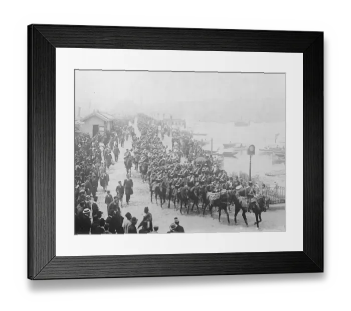 Framed Print : Kemals Mialed Fist Turkish Cavalry headed by their band, crossing from Stamboul