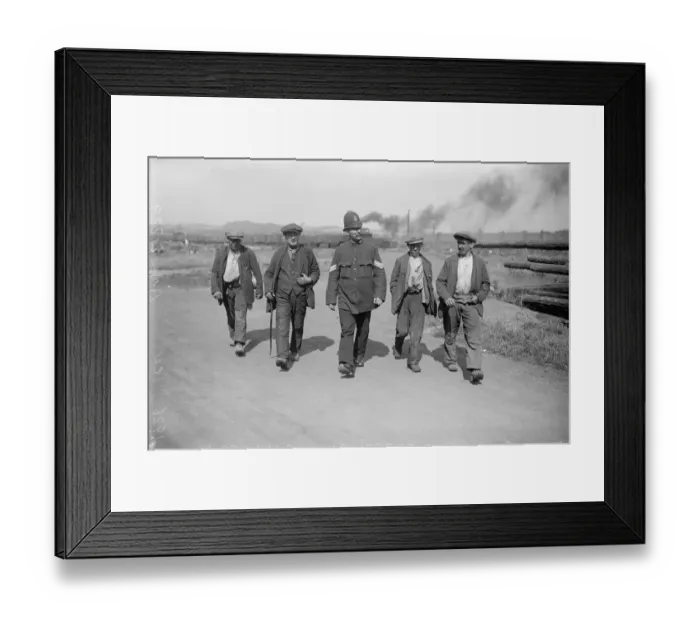 Framed Print : The problem of the pits. Miners leaving the Cresswell Colliery under the protection Framed Print : The problem of the pits. Miners leaving the Cresswell Colliery under the protection