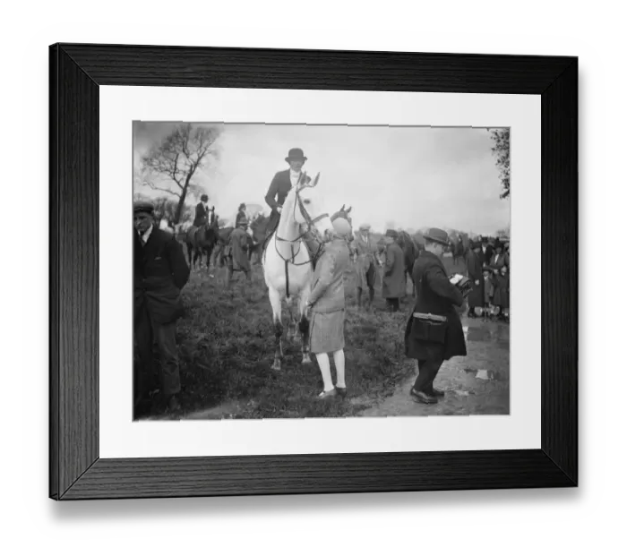 Framed Print : Opening meet of the Bicester Hunt at Stratton Audley. Miss Stratton on a white horse Framed Print : Opening meet of the Bicester Hunt at Stratton Audley. Miss Stratton on a white horse