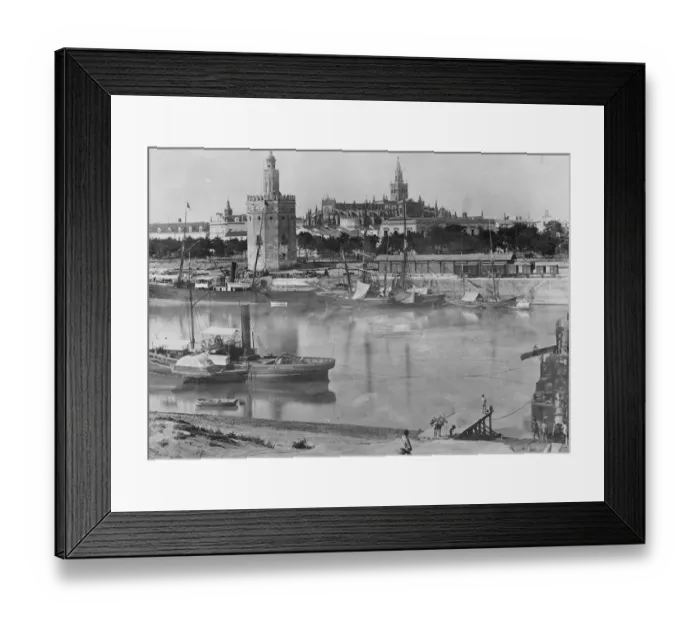 Framed Print : Prince of Wales visit to Spain. Shipping in Guadalquivir, showing the Terre Del Orc Framed Print : Prince of Wales visit to Spain. Shipping in Guadalquivir, showing the Terre Del Orc