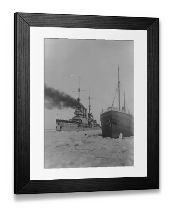 Framed Print : Battleship as ice breaker. Over 40 ships freed in the frozen Baltic Sea. Owing
