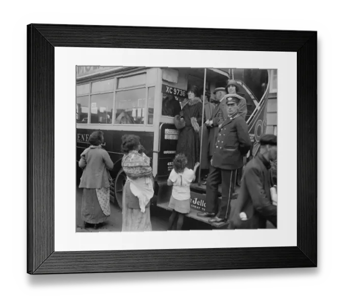 Framed Print : Derby Day Mrs Asquith and her party arriving by a St Dunstans motor bus, are Framed Print : Derby Day Mrs Asquith and her party arriving by a St Dunstans motor bus, are