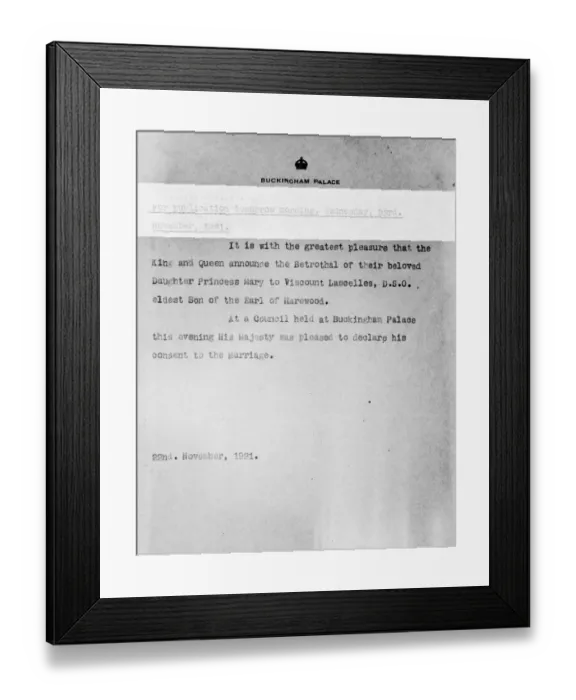 Framed Print : Princess Mary to be married. The official announcement received from Buckingham Framed Print : Princess Mary to be married. The official announcement received from Buckingham
